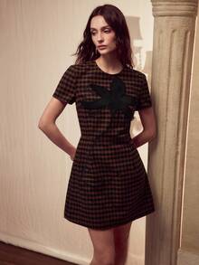 MOTF PREMIUM HOUNDSTOOTH FLORAL EMBROIDERED MINI DRESS - Rust Brown - View 1