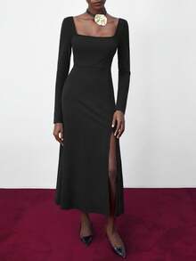 Maija Vestido maxi de línea A con cuello cuadrado, espalda abierta y cintura ceñida, hecho de tela térmica negra, cómodo y abrigado. Estilo urbano y elegante discreto, versátil y favorecedor, adecuado para uso casual en la oficina. - Negro - Ver 5