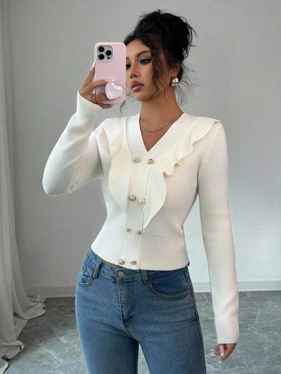 Selianne Women's Elegant Romantic Ruffled V-Neck Double-Breasted Cardigan Sweater Fall Winter Cloth For Women - Apricot - View 1