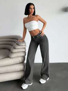 SHEIN JEAN ESTRELLA ESTILO CASUAL DE PIERNA ANCHA LAVADO DE MEZCLILLA GRIS OSCURO CON DETALLE DE ESTAMPADO EN LA ESPALDA - Gris Oscuro - Ver 5