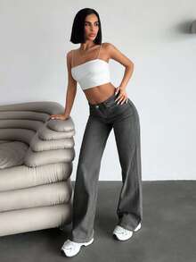 EURMUSE STAR PATTERN CASUAL POCKET WIDE LEG DENIM JEANS - Light Grey - View 5