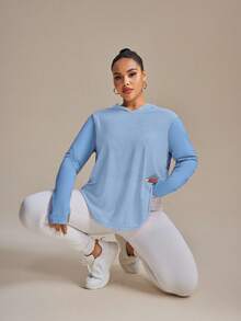 SHEIN Rhythm Era Moletom Manga Longa com Orifício para o Polegar, Padrão Triangular Jacquard, Design Plus Size, Ideal para Yoga e Perda de Peso - Azul bebê - Visão 4