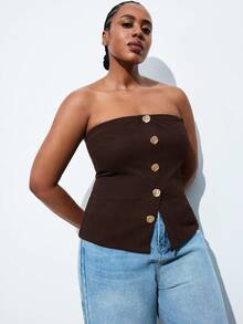 Maija 大码女式金属撞色纽扣前开衩下摆抹胸 - 棕色 - 查看 5