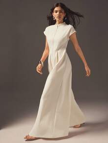 Hauture 女式办公室休闲性感前拉链阔腿短袖连体裤 - 杏色 - 查看 4