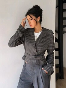 Siren Gaze Women's Gray Striped Short Windbreaker Jacket In Fall/Winter Casual