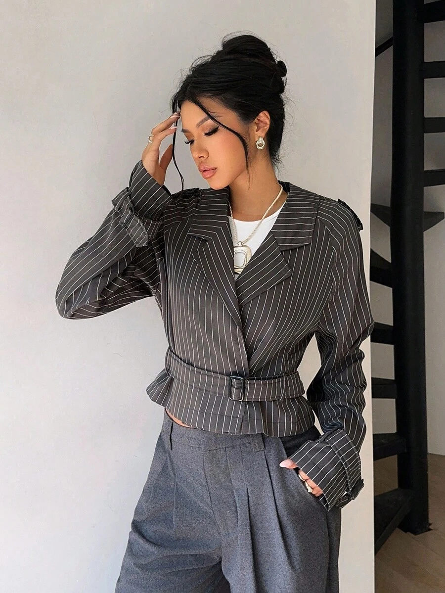 Siren Gaze Women's Gray Striped Short Windbreaker Jacket In Fall/Winter Casual