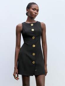 Maija 女士黑色金属花朵装饰设计夏季休闲连衣裙，无袖圆领公主剪裁侧口袋商务通勤优雅办公室女士服装，低调复古别致都市社交名媛节日派对时尚迷你连衣裙