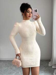 Elenzga Vestido de suéter de mujer con cuello alto, elegante, de Body ceñido, con textura acanalada y cintura acanalada - Albaricoque - Ver 7