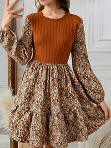 SHEIN 少女花卉拼布束腰A字长袖复古优雅休闲圆领花卉连衣裙 - 彩色 - 查看 3