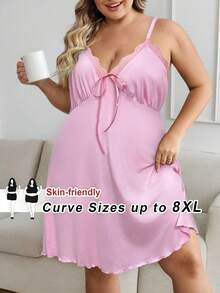 SHEIN CURVE+ Curve 大码/秋装/秋季女装/女冬装/冬装大码女式黑色蕾丝拼领吊带裙 - 粉色 - 查看 1