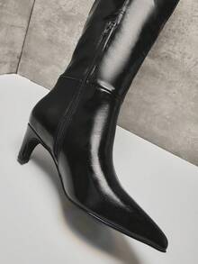 SHUZIA 优雅时尚女式黑色仿皮及膝舒适小猫跟一脚蹬时尚精致假日趣味靴