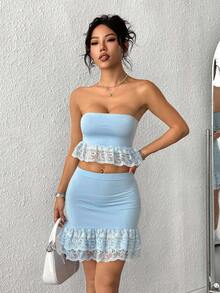INAWLY Women's Knit Lace Patchwork Tube Top And Skirt 2 Pieces Set - Baby Blue - View 3