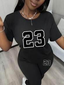 BamGleam Bộ 2 áo thun tay ngắn cổ tròn in họa tiết thường ngày dành cho nữ và quần dài - màu đen - Xem 4