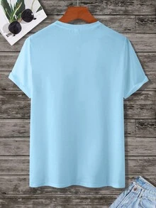 Manfinity Homme Áo thun nam in chữ và cờ Mỹ thường ngày, mùa hè - Màu xanh nhạt - Xem 3