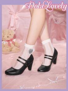 Dola Lovely 女士经典复古玛丽珍圆头双带花卉图案高跟鞋 - 黑色 - 查看 6