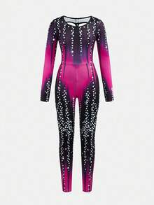 SHEIN 青少年女孩休闲运动体操瑜伽高弹力扎染水钻印花露背镂空连体裤 - 玫紅色 - 查看 3