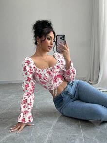 Rafferiza Women's White Ditsy Floral Flare Cuff Drawstring V-Neck Blouse - Red and White - View 3