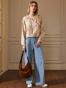 Écloséra Camisa feminina confortável com bordado floral de linho retrô francês, primavera/verão