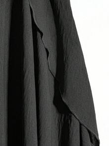 Linhara Plus Size Women Elegant Solid Color Asymmetric Design Skirt - Black - View 5