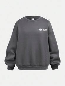 SHEIN 青少年女孩心形印花连帽衫和运动裤套装，宽松休闲装 - 深灰色 - 查看 5