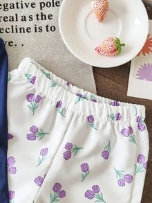 SHEIN Vintaside Kids Set 2 buc. bluză și pantaloni cu mânecă lungă și imprimeu floral pentru bebeluși, la modă, drăguț, versatil, potrivit pentru primăvară/toamnă, întoarcerea la școală, interior/exterior, purtare zilnică - Multicolor - Vizualizare 7