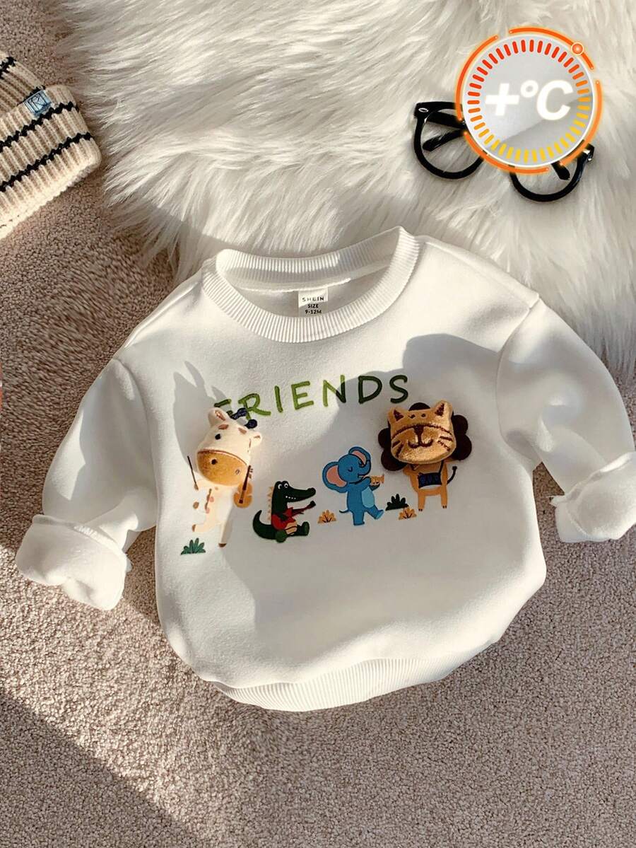 SHEIN 男婴可爱动物图案保暖圆领卫衣，舒适百搭休闲基础款套头衫，适合室内、室外、日常穿着、运动、玩耍、聚会、秋冬季节度假穿着。这款男婴动物图案卫衣长袖印花上衣是秋季男婴的理想之选。