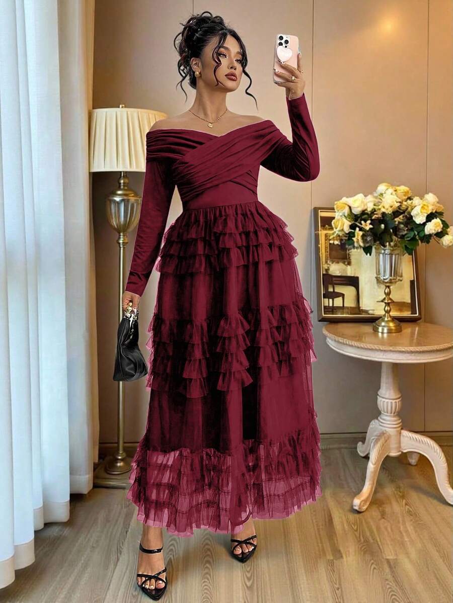 Auvina 全新定制蛋糕网眼拼接露肩大码女装、生日礼服、露肩、派对、优雅、正式女装、晚礼服、婚礼女装、复活节女装、浪漫礼服、毕业礼服、婚礼宾客礼服 - 酒紅色 - 查看 1