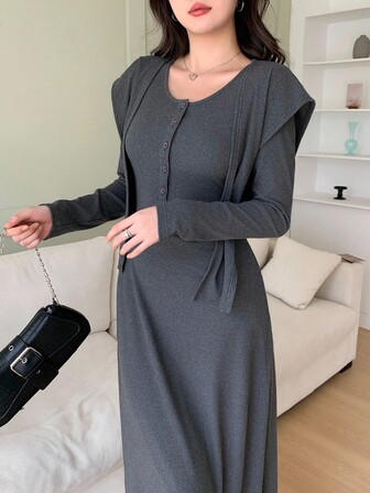 Feyla Vintage Şık Günlük Uzun Kollu Dönüştürülebilir Sarılı Bel Slim Fit Elbise