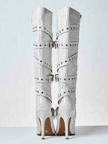 SHUZIA 女式带扣及膝性感尖头细高跟靴 - 米色 - 查看 7