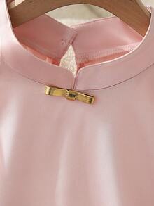 GlowEve Áo sơ mi nữ cổ bẻ màu trơn phong cách Trung Hoa thanh lịch họa tiết nơ cổ điển - Hồng - Xem 3