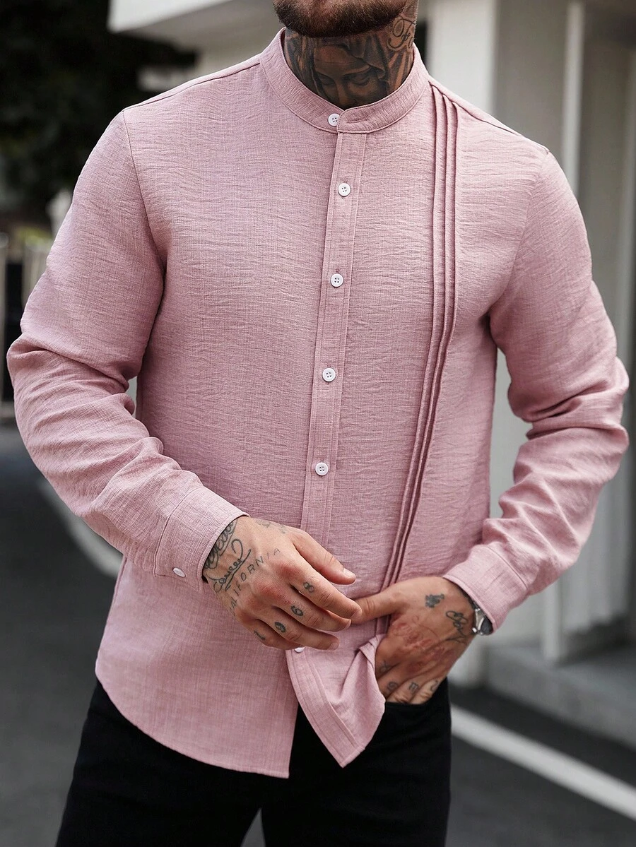 Manfinity Homme Áo sơ mi nam tay dài màu trơn, họa tiết đơn giản, nhăn, họa tiết trơn, chất liệu vải dày dặn, nhẹ nhàng, trưởng thành, mặc đi làm, cài nút, mùa thu - Màu Hồng baby - Xem 1