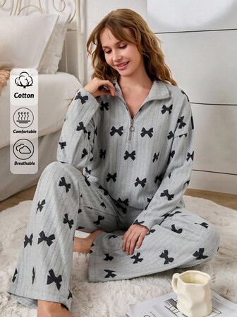 Grey Brushed Printed Top And Pants Leisure Set