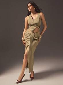 Hauture Fustă midi sexy de vară pentru birou, casual, solidă, asimetrică, plisată, cu crăpătură frontală - Maro - Vizualizare 3