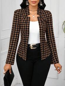 SHEIN Lady 2025 New Women's Elegant Work Houndstooth Print Open Front Thin Blazer, Women's Elegant Commuting Casual Classic Black And Brown Contrasting Check Pattern Fitted Blazer, Seasons Autumn,Cozy Fall And Winter New Year Thanksgiving - White - View 3