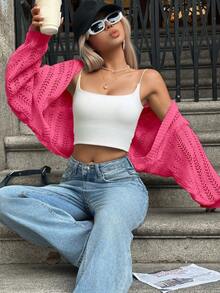 Damen Lässog Einfarbig Mesh Strick Fledermausärmel Cropped Leichte Strickjacke, Herbst, Cut-Out - Pink - Übersicht 7