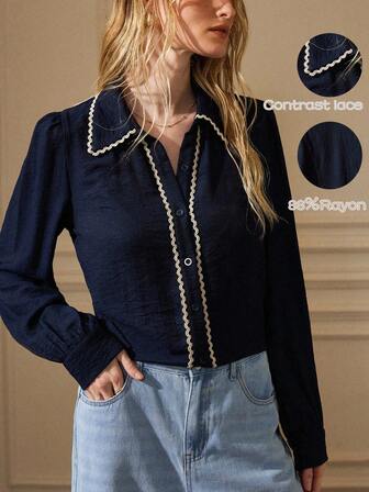 Écloséra 法式复古亚麻混纺纹理衣领和袖口撞色花卉装饰女士长袖衬衫，春秋季