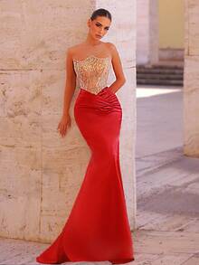 Glamrae Jupe sirène en satin stretch patchwork de sequins et perles bordeaux et champagne, convient pour les occasions formelles, les galas, les mariages, les remises de diplômes, les bals