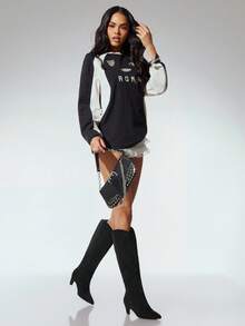 SHUZIA 魅力女士时尚黑色绒面革日常百搭尖头小猫跟保暖舒适及膝靴秋冬假日鞋 - 黑色 - 查看 4