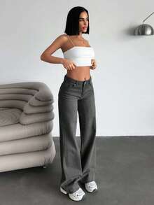 SHEIN JEAN ESTRELLA ESTILO CASUAL DE PIERNA ANCHA LAVADO DE MEZCLILLA GRIS OSCURO CON DETALLE DE ESTAMPADO EN LA ESPALDA - Gris Oscuro - Ver 2