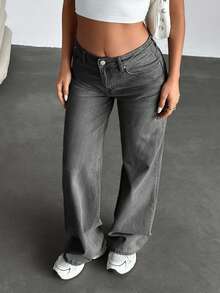 EURMUSE STAR PATTERN CASUAL POCKET WIDE LEG DENIM JEANS - Light Grey - View 3