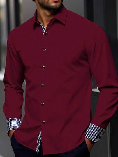 Manfinity Mode Herren Große Größen Karohemd mit Langarm, Burgunderfarbenes Hemd, Business Lässig Hemd, Herbst