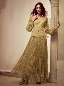 MOTF PREMIUM 蕾丝拼接方领灯笼袖褶边下摆搭扣腰带二合一长裙 - 黃色 - 查看 5