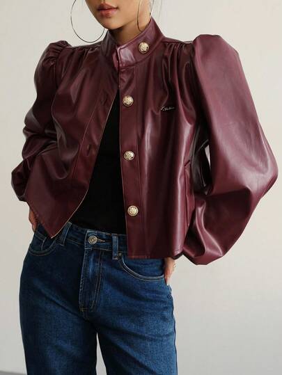 Aidyla Blusa burdeos tejida para mujer, de manga larga casual de cuero con botones plisados, de moda para otoño e invierno, adecuada para abrigo regular vintage