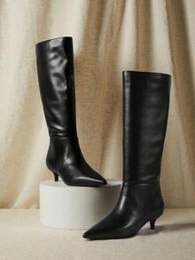 SHUZIA Women's Glamorous Sexy Pointed Toe Kitten Heel Knee-High Boots - Black - View 6