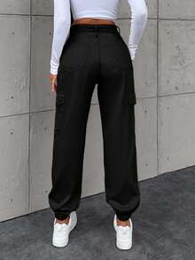 EURMUSE Women's Casual Pocket Drawstring Jeans - Black - View 2