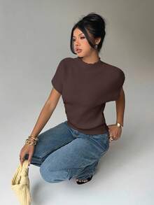 Aloruh Women's Fashion Casual Basic Crew Neck Short Sleeve Sweater,Fall,Brown Sweater - Coffee Brown - View 7