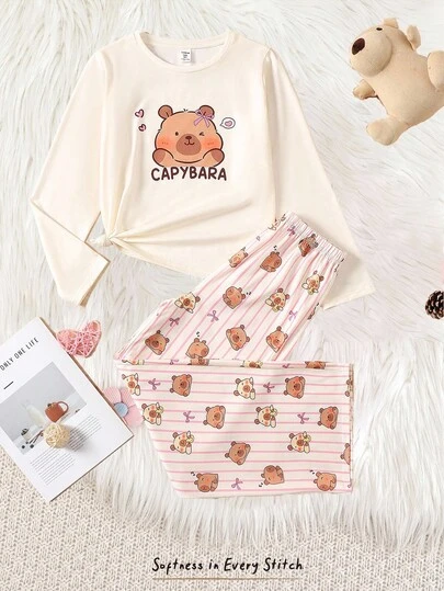 SHEIN 2pcs Tween Girls' Cartoon Print Pink Crew Neck Pullover Sweatshirt And Loose Pants Knit Fabric Soft Comfortable Casual Pajama Set, New Design, Cute Pajama Fall Winter