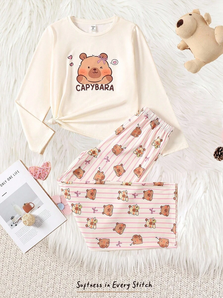 2pcs Tween Girls' Cartoon Print Pink Crew Neck Pullover Sweatshirt And Loose Pants Knit Fabric Soft Comfortable Casual Pajama Set, New Design, Cute Pajama Fall Winter - Baby Pink - View 1