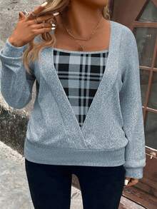 EMERY ROSE Plus Size Plaid Print Patchwork Black Knit Long Sleeve Sweatshirt, Soft Knit, Winter, Fall - Multicolor - View 7