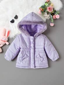 SHEIN Baby Mädchen Lässig Mode Schleife Dekor Dicke Kapuzen Winter Jacke, geeignet für den täglichen Gebrauch im Winter